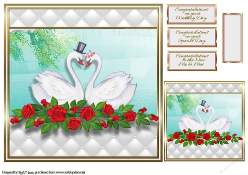 8x8 Bride & Groom Swans Card Front with Gift Tag & sentiments 