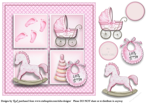 8x8 Pink Baby Accessories Card Front, Decoupage & Sentiments