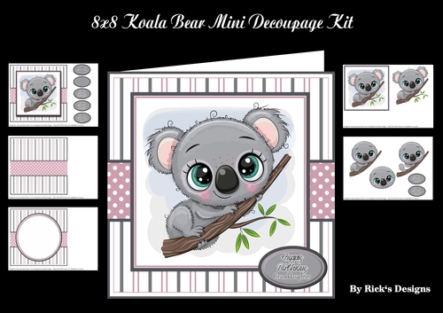 8x8 Koala Bear Mini Decoupage Kit - x5 A4 Sheets 