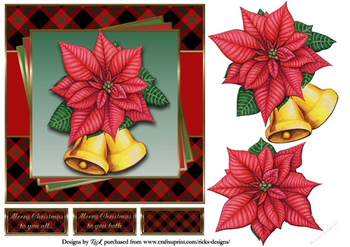 7x7 Pretty Christmas Bells & Poinsettias Card Front with Topper and sentiments 
