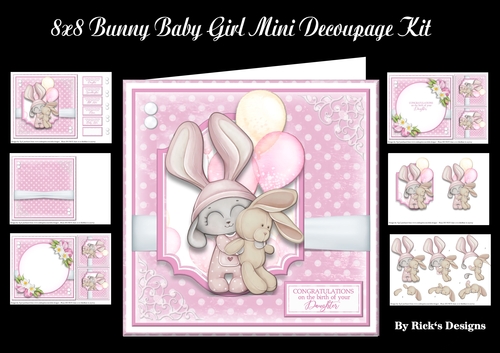 8x8 Bunny Baby Girl Mini Kit - Decoupage - x6 A4 sheets 