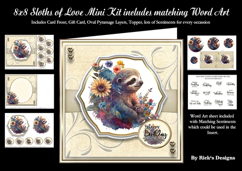 8x8 Sloths of Love Mini Kit includes matching word art - x5 A4 sheets 