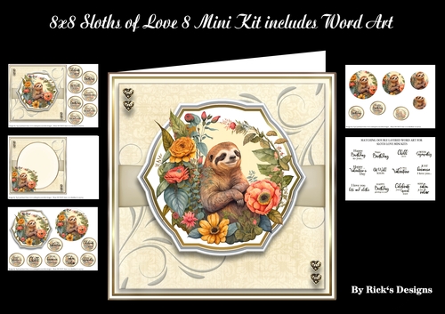 8x8 Sloths of Love 8 Mini Kit includes matching word art - x5 A4 sheets 