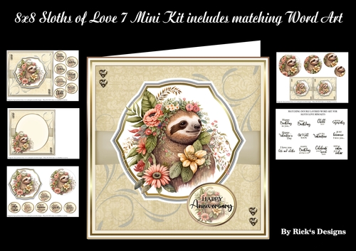 8x8 Sloths of Love 7 Mini Kit includes matching word art - x5 A4 sheets 