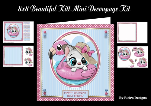 8x8 Birthday Kitty Decoupage Mini Kit - x4 A4 sheets 