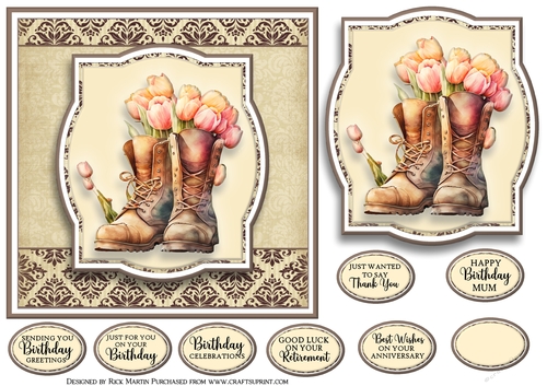 7x7 Floral Boots 1 Card Front, Topper and Sentiments 