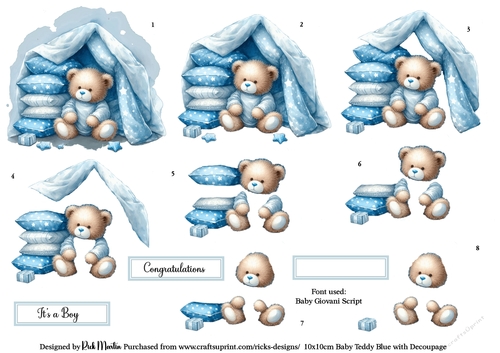 10x10cm Baby Teddy Blue Decoupage and Layers with sentiments