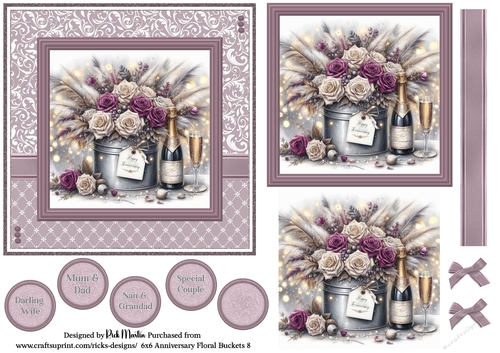 6x6 Anniversary Floral Bucket 8 - Card Front, Toppers and sentiments 