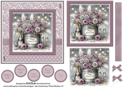 6x6 Anniversary Floral Bucket 10 - Card Front, Toppers and sentiments 