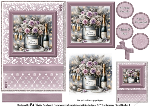 5x7 Anniversary Floral Bucket 1 Card Front, Toppers, Gift Tag and sentiment