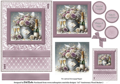 5x7 Anniversary Floral Bucket 2 Card Front, Toppers, Gift Tag and sentiment