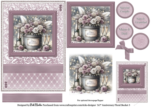 5x7 Anniversary Floral Bucket 3 Card Front, Toppers, Gift Tag and sentiment