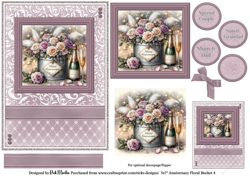 5x7 Anniversary Floral Bucket 4 Card Front, Toppers, Gift Tag and sentiment