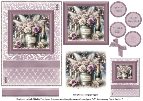5x7 Anniversary Floral Bucket 5 Card Front, Toppers, Gift Tag and sentiment