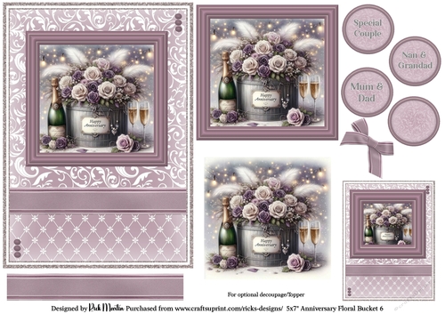 5x7 Anniversary Floral Bucket 6 Card Front, Toppers, Gift Tag and sentiment