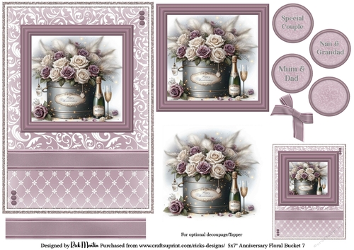 5x7 Anniversary Floral Bucket 7 Card Front, Toppers, Gift Tag and sentiment