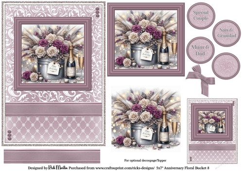 5x7 Anniversary Floral Bucket 8 Card Front, Toppers, Gift Tag and sentiment