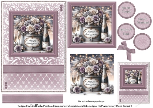 5x7 Anniversary Floral Bucket 9 Card Front, Toppers, Gift Tag and sentiment