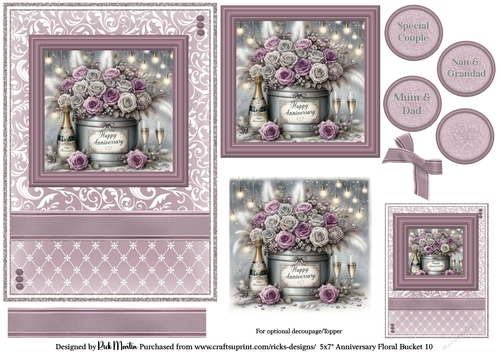 5x7 Anniversary Floral Bucket 10 Card Front, Toppers, Gift Tag and sentiment