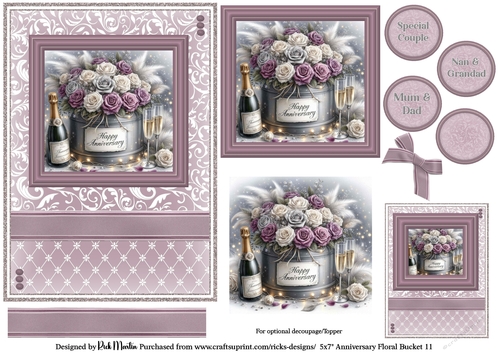 5x7 Anniversary Floral Bucket 11 Card Front, Toppers, Gift Tag and sentiment