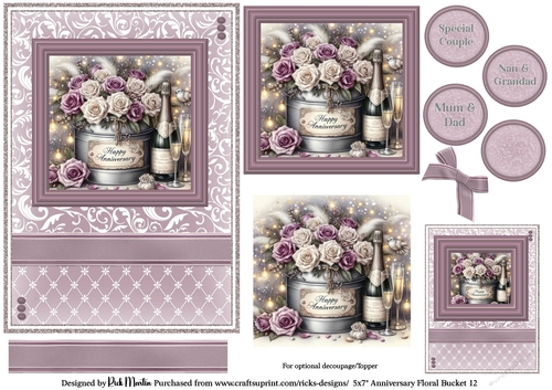 5x7 Anniversary Floral Bucket 12 Card Front, Toppers, Gift Tag and sentiment