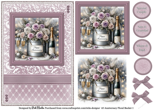 A5 Anniversary Floral Bucket 1Card Front, Toppers and sentiments