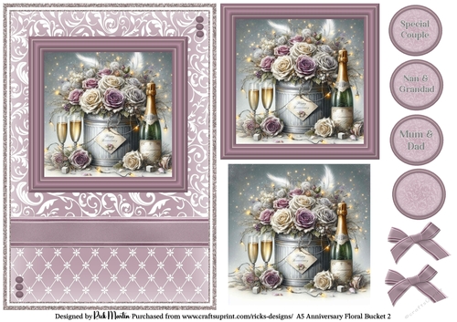 A5 Anniversary Floral Bucket 2 Card Front, Toppers and sentiments