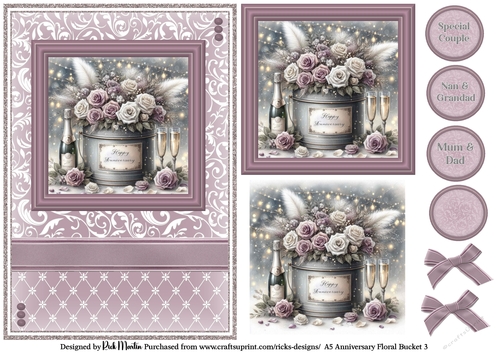 A5 Anniversary Floral Bucket 3 Card Front, Toppers and sentiments