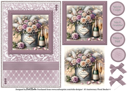 A5 Anniversary Floral Bucket 4 Card Front, Toppers and sentiments