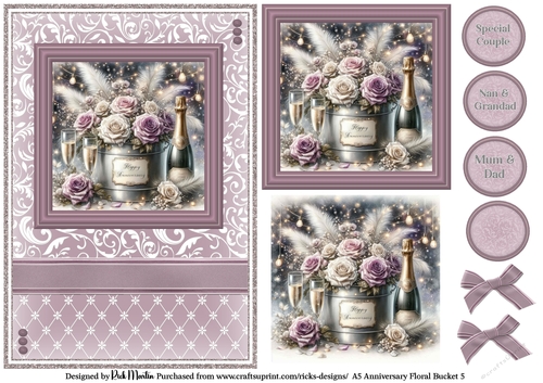 A5 Anniversary Floral Bucket 5 Card Front, Toppers and sentiments