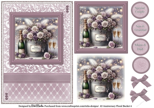 A5 Anniversary Floral Bucket 6 Card Front, Toppers and sentiments