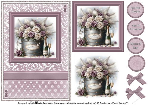 A5 Anniversary Floral Bucket 7 Card Front, Toppers and sentiments