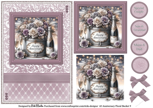 A5 Anniversary Floral Bucket 9 Card Front, Toppers and sentiments