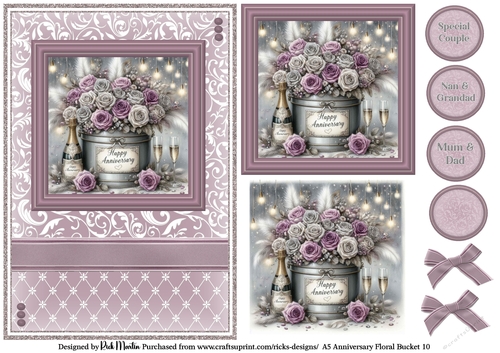 A5 Anniversary Floral Bucket 10 Card Front, Toppers and sentiments