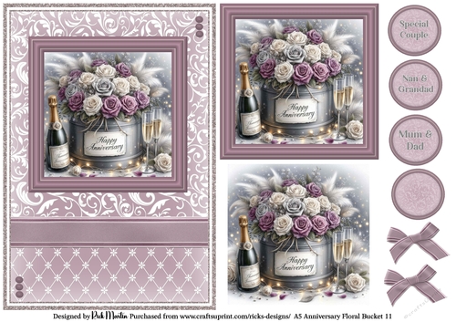 A5 Anniversary Floral Bucket 11 Card Front, Toppers and sentiments