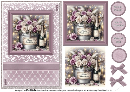 A5 Anniversary Floral Bucket 12 Card Front, Toppers and sentiments
