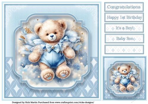 8x8 Angelic Boy Card Front with Sentiments and Gift Tag