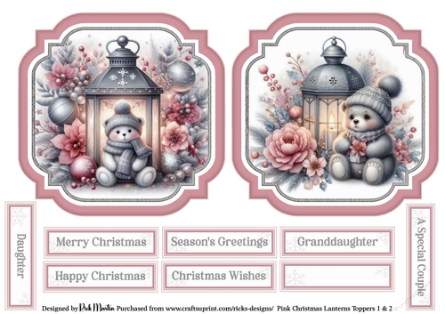 Pink Christmas Lantern 1 & 2 Toppers with Sentiments CU4CU/PU/CU