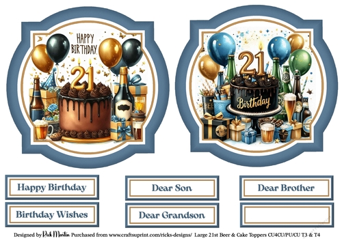 Large 21st Beer & Cake Toppers with Sentiments Toppers 3 & 4