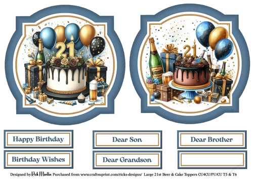 Large 21st Beer & Cake Toppers with Sentiments Toppers 5 & 6