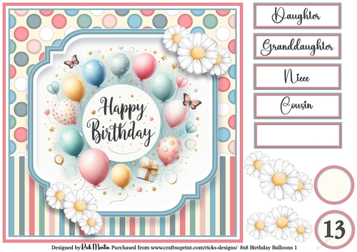 8x8 Birthday Balloons 1 Card Front, Daisy Decoupage, Sentiments & Numbers
