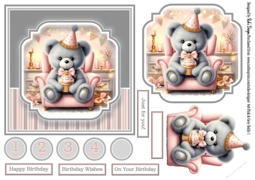 6x6 Pink & Grey Teddy Bear 1 