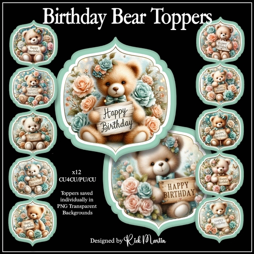 Birthday Bears Toppers CU4CU/PU/CU - x12 individually in PNG Transparent BG