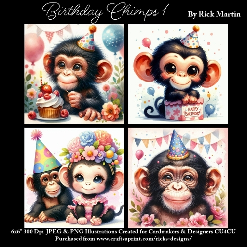 x4 Birthday Chimps 1  - Ilustrations for Cardmakers & Designers
