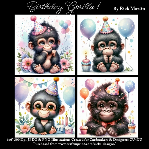 x4 Birthday Gorilla 1  - Ilustrations for Cardmakers & Designers