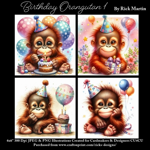 x4 Birthday Orangutan 1  - Ilustrations for Cardmakers & Designers