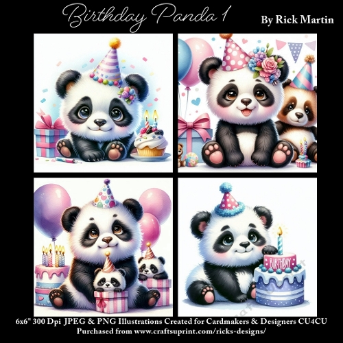 x4 Birthday Panda 1  - Ilustrations for Cardmakers & Designers