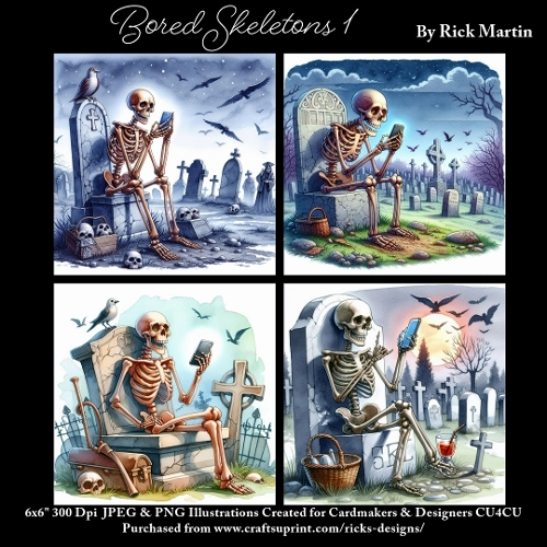 x4 Bored Skeletons 1  - Ilustrations for Cardmakers & Designers