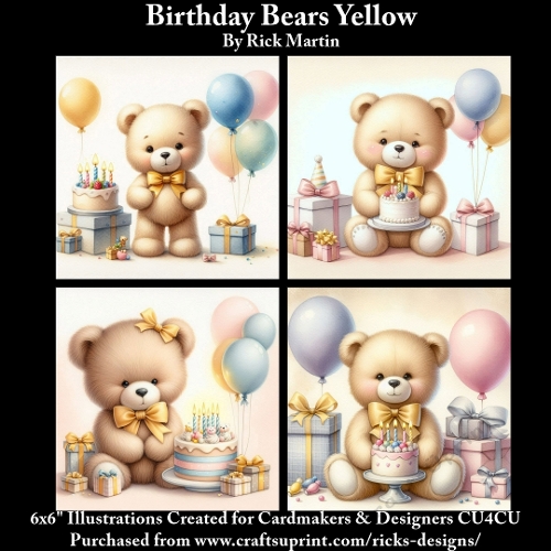 6x6 Birthday Bears Yellow - Illustrations for Cardmakers & Designers 