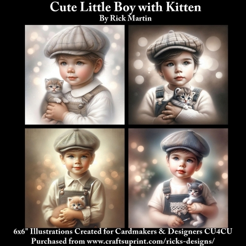 6x6 Cute Little Boy with Kitten 1 - Illustrations for Cardmakers & Designers 